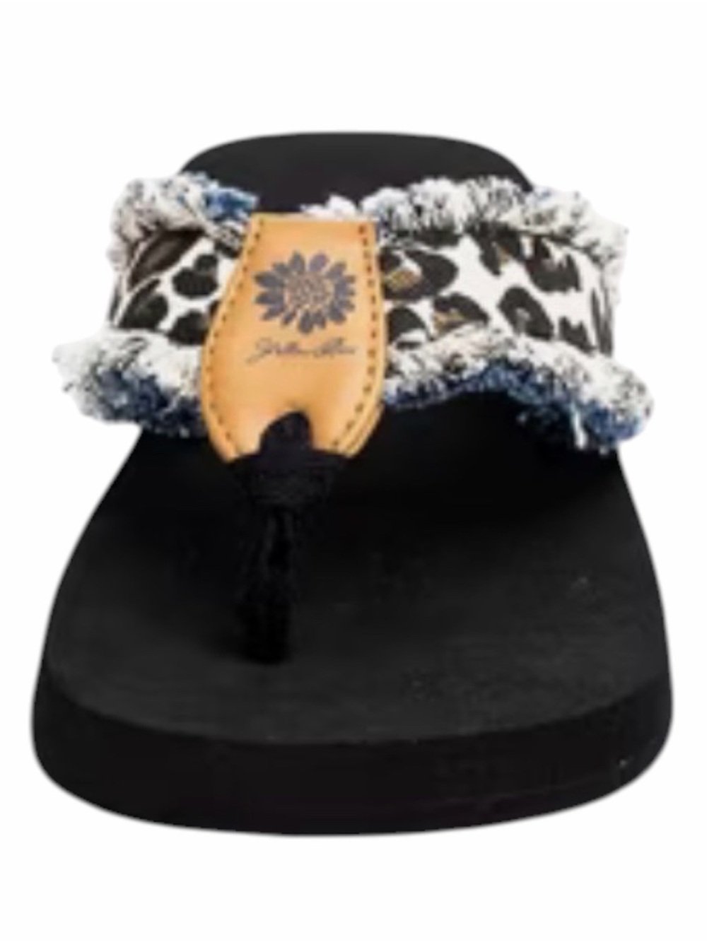 New! Yellow Box Fayth Sandal Black Flip Flops with Leopard-Print Frayed Size 8 - Picture 9 of 12